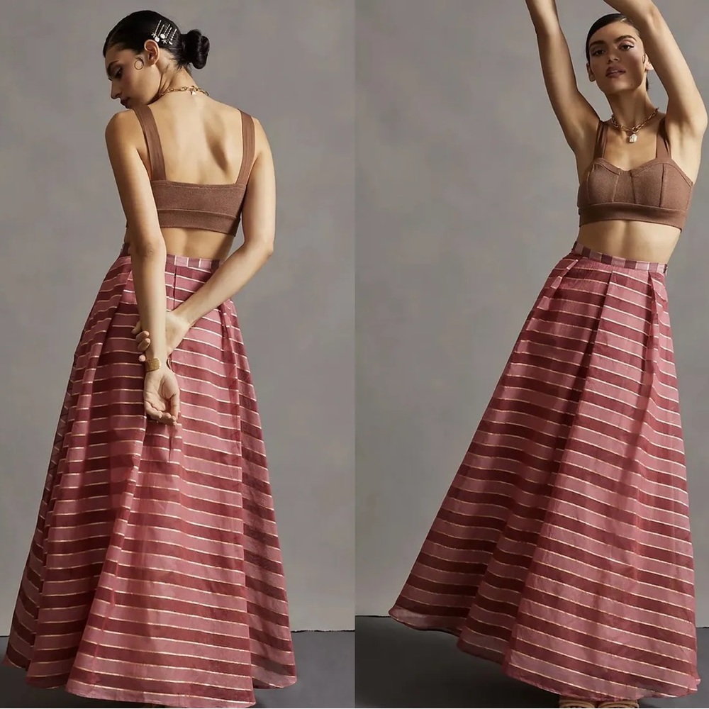Anthropologie Eva Franco Maxi Ball Skirt Two Toned Pink Stripe w/ Metallic Gold